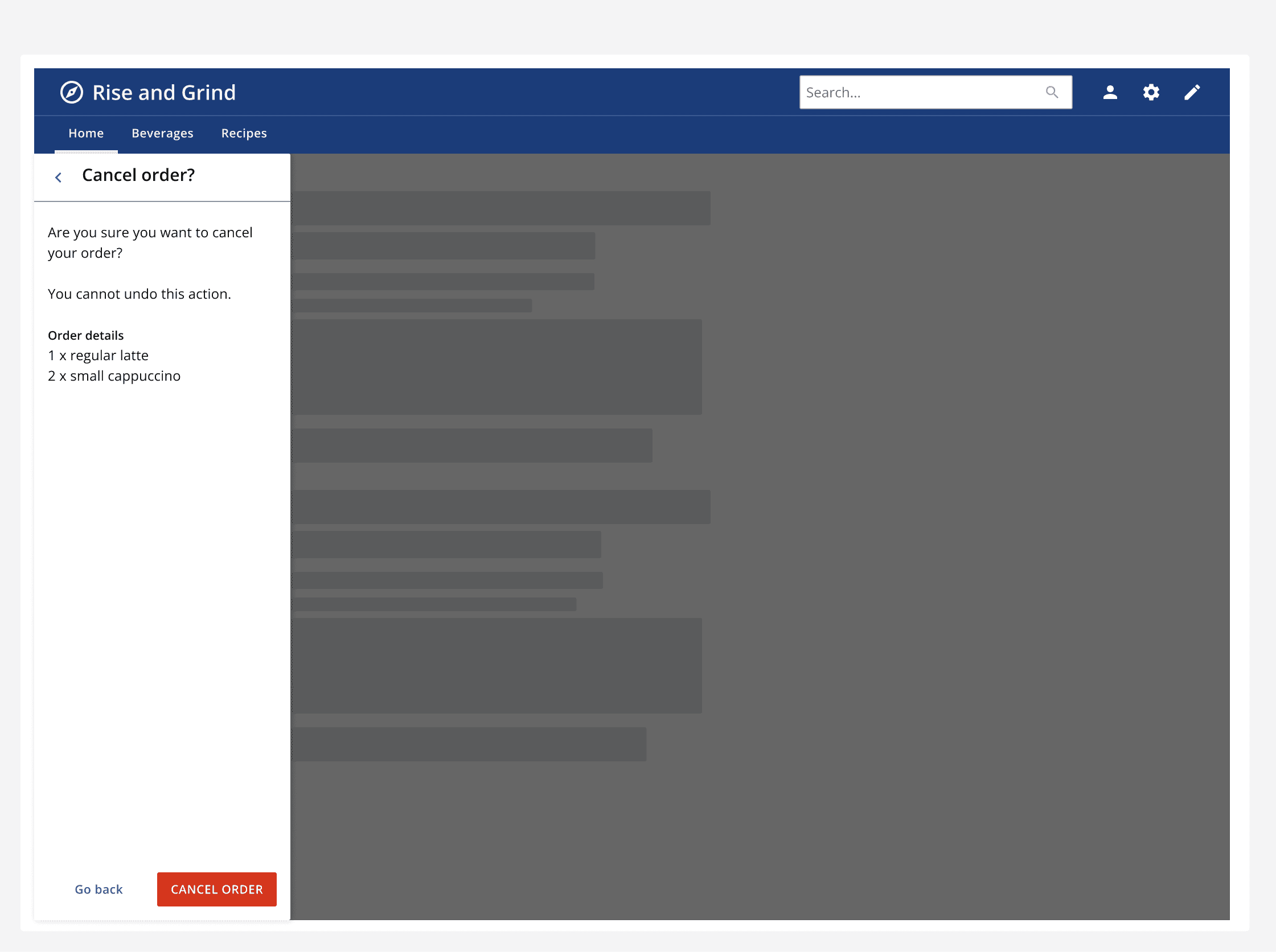 An expanded drawer on the left side of the screen asking the user if they are sure that they want to cancel their coffee order, with a destructive 'Cancel order' button in the bottom right corner of the drawer.