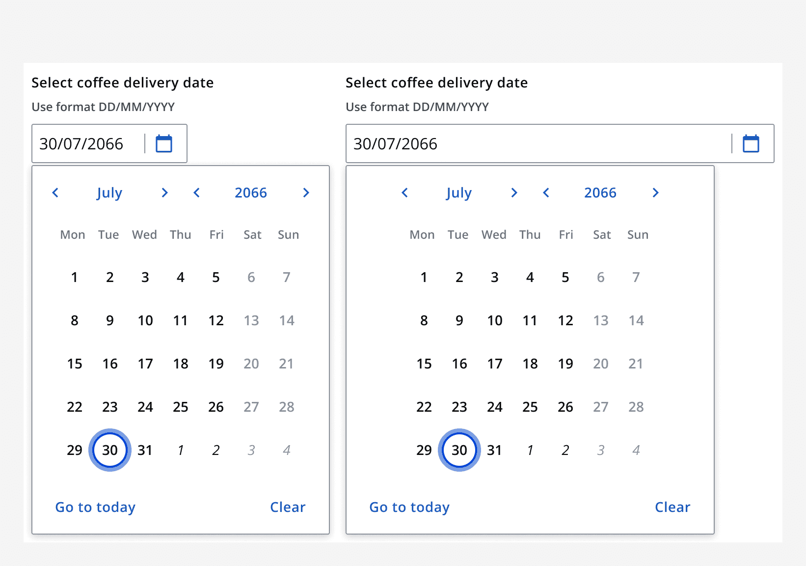 Two date picker examples at their maximum and minimum width