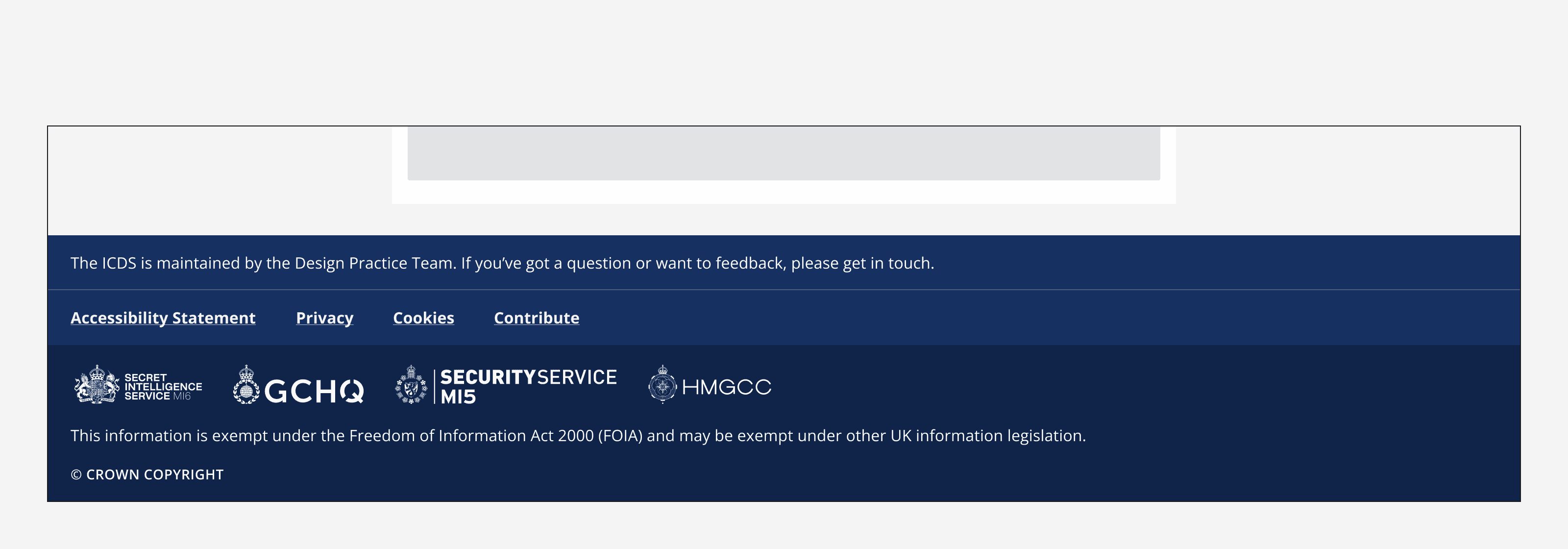 A footer showing a single set of links. The four links include ‘Accessibility statement’, ‘Privacy’, ‘Cookies’ and ‘Contribute’.