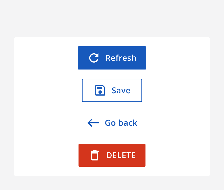 A set of buttons with icons that clearly relate to the action. The icons used are a circle arrow for refresh, a floppy disk for save, a back arrow for go back, and a bin for delete.