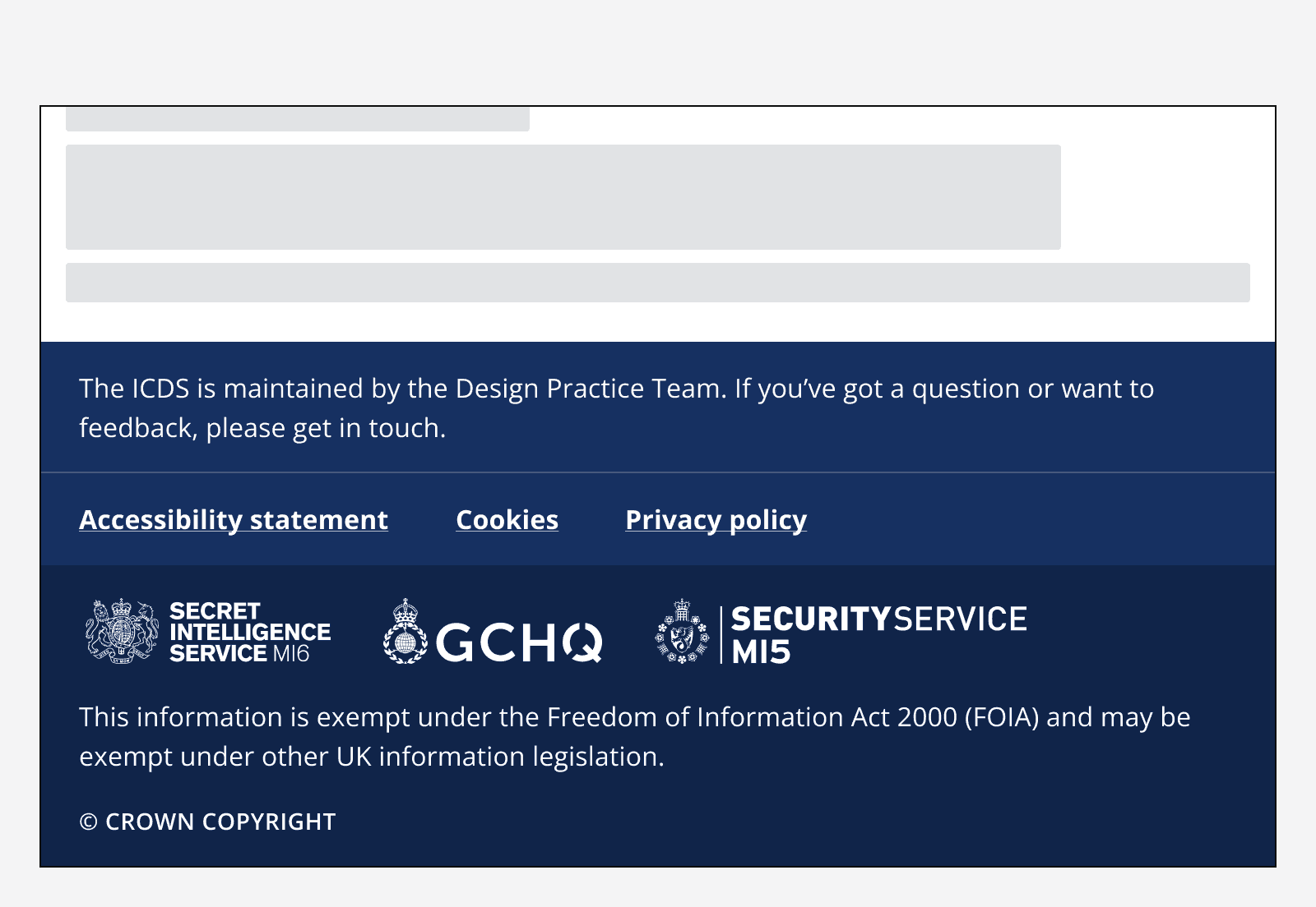 An image of a footer with two navigation groups titled ‘Services’ and ‘Policy’ which house a list of several standalone links. Every text element in the footer is white, including the hyperlinks.