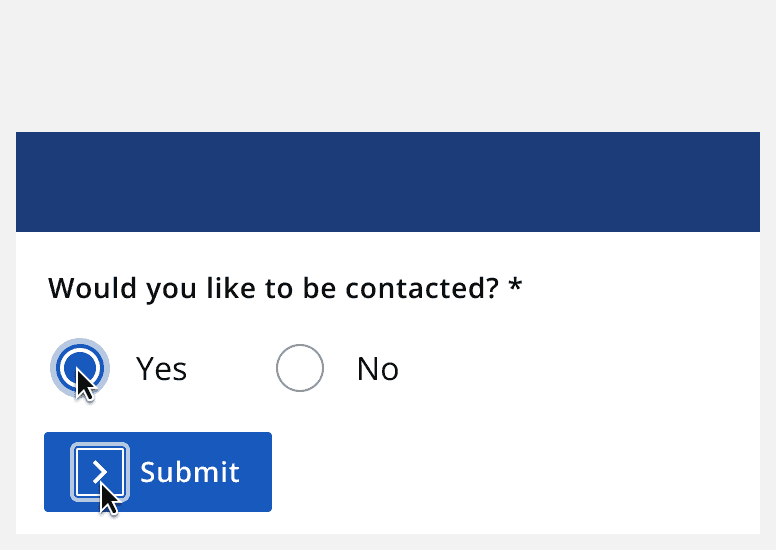 A graphic of a yes or no option and a submit button with outlines around only the circle of the radio button and the chevron of the submit button, showing a limited clickable area.