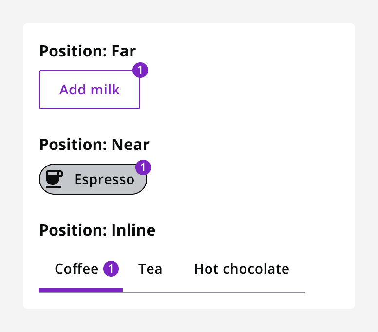An example showing three AI badge positions: one on a button labelled “Add milk”, another beside a cup icon within a chip labelled “Espresso”, and a third displayed inline on a tab menu labelled “Coffee”, alongside tabs for “Tea” and “Hot chocolate.”