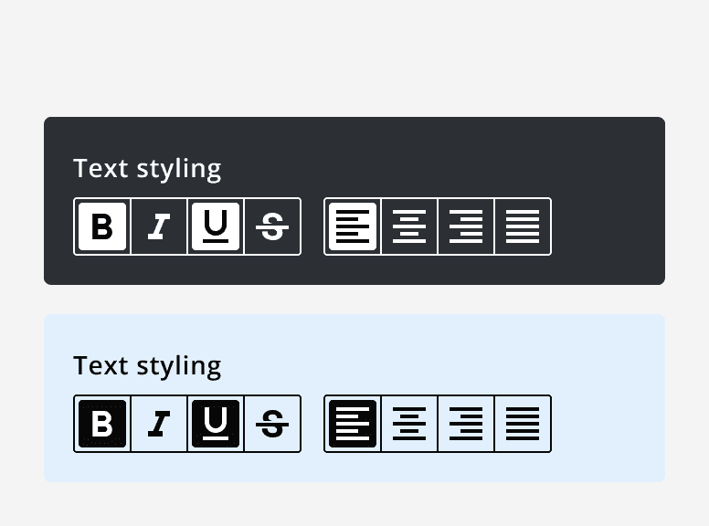 Two versions of a text styling setting that uses toggle button groups. One has a dark background with light appearance toggle buttons, and the other has a light coloured background with dark appearance toggle button groups.